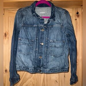 GAP-Women’s Distressed Bleached Blue Denim Jacket with Elbow Patches